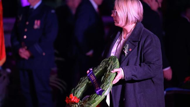 Camden Mayor Ashleigh Cagney brings a wreath to place on the memorial. Picture: Facebook