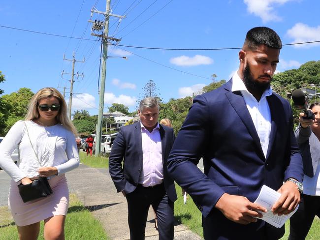 Payne Haas leaves Tweed Heads Court with his pregnant girlfriend on Thursday. Picture: Scott Powick