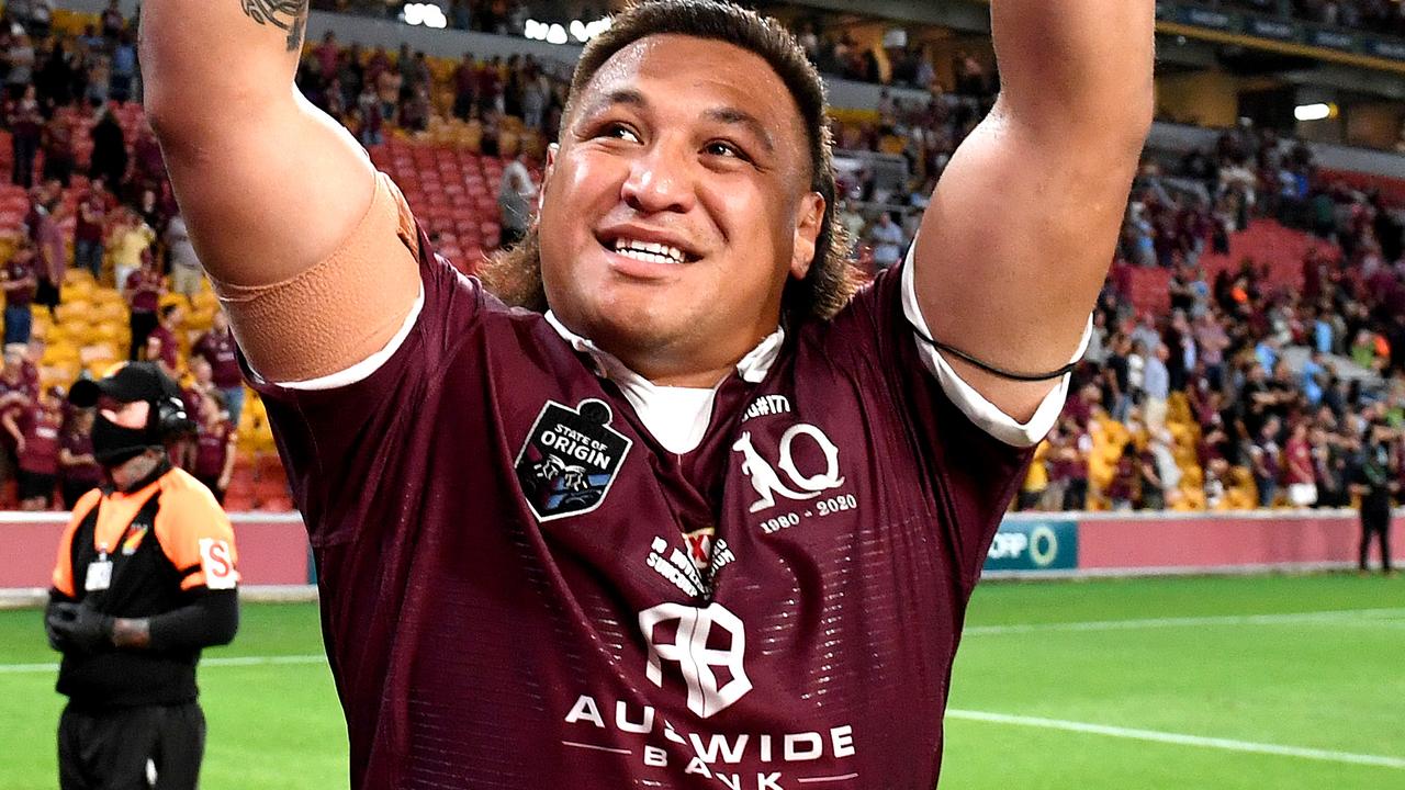 BRISBANE, AUSTRALIA - NOVEMBER 18: Josh Papalii of the Maroons celebrates victory after game three of the State of Origin series between the Queensland Maroons and the New South Wales Blues at Suncorp Stadium on November 18, 2020 in Brisbane, Australia. (Photo by Bradley Kanaris/Getty Images)