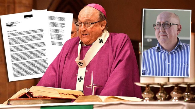 Archbishop Philip Wilson pictured in Adelaide. Inset: Images to a letter sent by Peter Aiden Creigh, pictured right, revealing sexual abuse at the hands of Father James Fletcher.