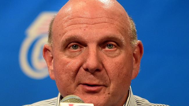 Steve Ballmer, the new owner of the Los Angeles Clippers NBA team, takes questions during a press conference following the Clippers Fan Festival on August 18, 2014 at Staples Center in Los Angeles, California, where the new owner of the team was introduced. AFP PHOTO/Frederic J. BROWN