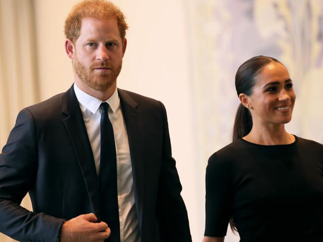 NEW YORK, NEW YORK - JULY 18:  Prince Harry, Duke of Sussex and Meghan, Duchess of Sussex arrive at the United Nations Headquarters on July 18, 2022 in New York City. Prince Harry, Duke of Sussex is the keynote speaker during the United Nations General assembly to mark the observance of Nelson Mandela International Day where the 2020 U.N. Nelson Mandela Prize will be awarded to Mrs. Marianna Vardinogiannis of Greece and Dr. Morissanda KouyatÃÂ© of Guinea.  (Photo by Michael M. Santiago/Getty Images)