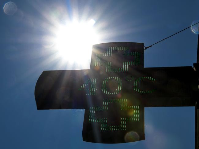 A pharmacy thermometer displaying 40 °C in Lille, northern France, after the city broke a new heatwave record of high temperature. The previous record dated back from July 2003 with 36,6 degrees Celsius. Picture: Denis Charlet