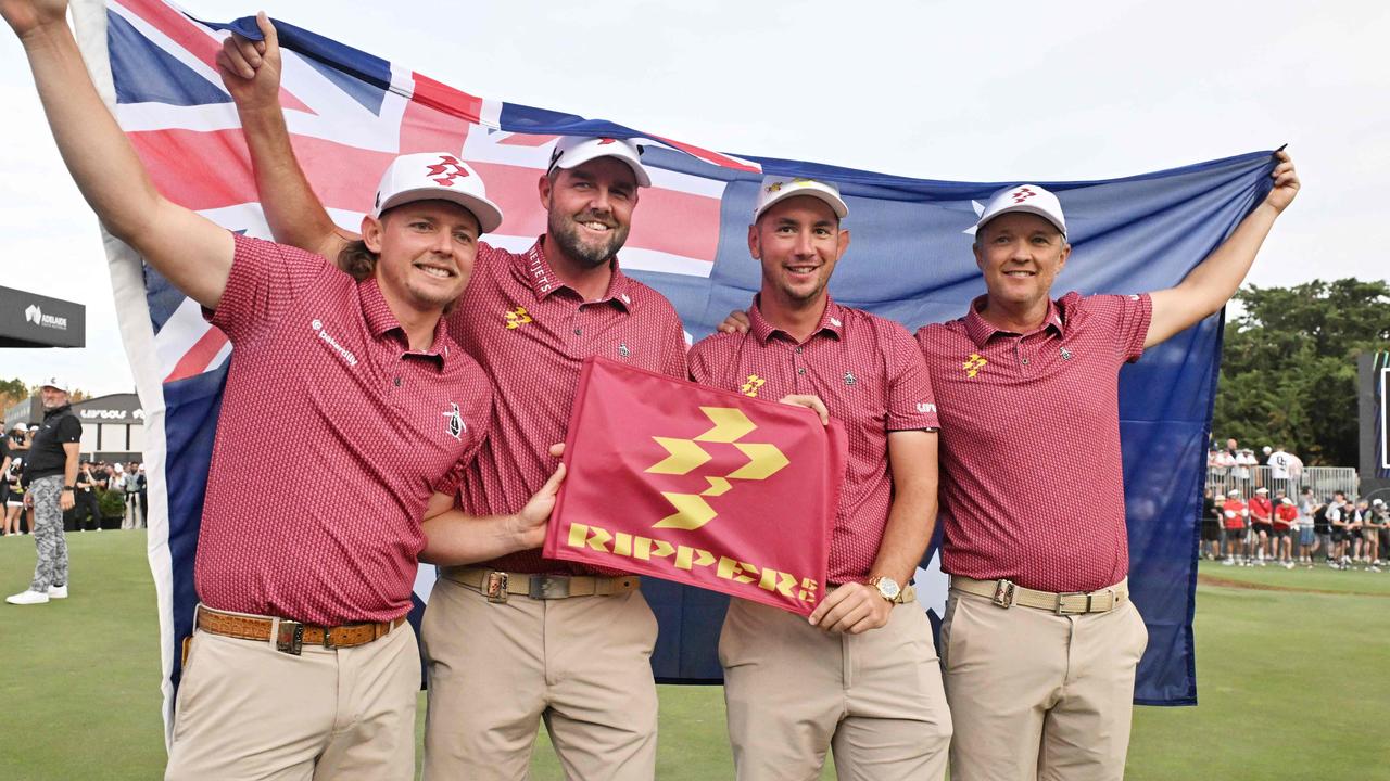 Australia's LIV team of Cameron Smith, Marc Leishman, Lucas Herbert and Matt Jones celebrate. Picture:y Brenton Edwards / AFP
