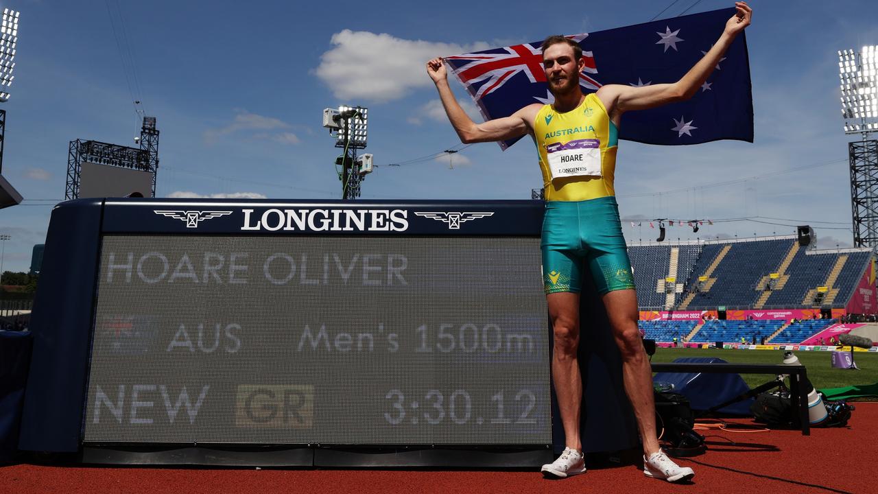 Hoare celebrates his new Games record time in the 1500m. Picture: Michael Steele/Getty Images