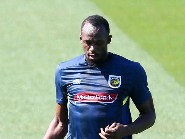 Usain Bolt in his first training session for Central Coast Mariners Tuesday 21st August 2018 at Central Coast Stadium and press conference at Central Coast Leagues.(AAP Image/Sue Graham)