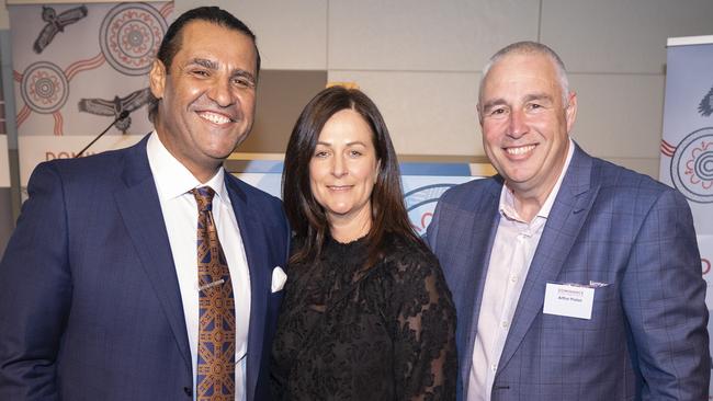 Danielle Hardwick at the launch of Dominance Indigenous scholarship program with Nick Karas and Arthur Prios. Picture: Supplied