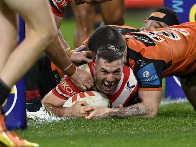 James Tedesco celebrates a try against the Tigers. Picture: NRL Imagery