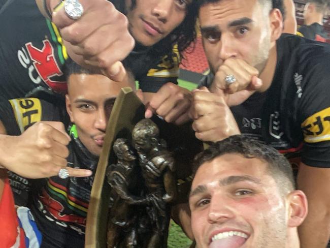 Nathan Cleary instagram posts celebrating with fellow Penrith Panthers after winning the NRL Grand final against the South south sydney rabbitohs