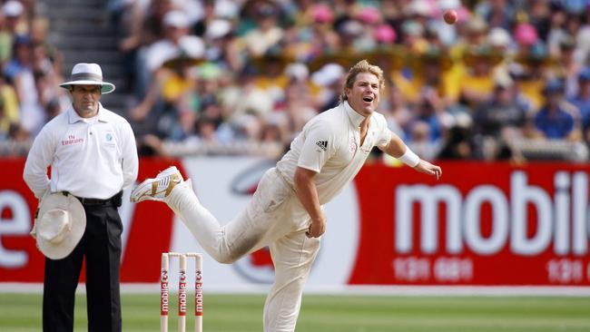 Shane Warne sends down a delivery on his home ground, the MCG, on the third day of the fourth cricket Test in Melbourne in 2006.