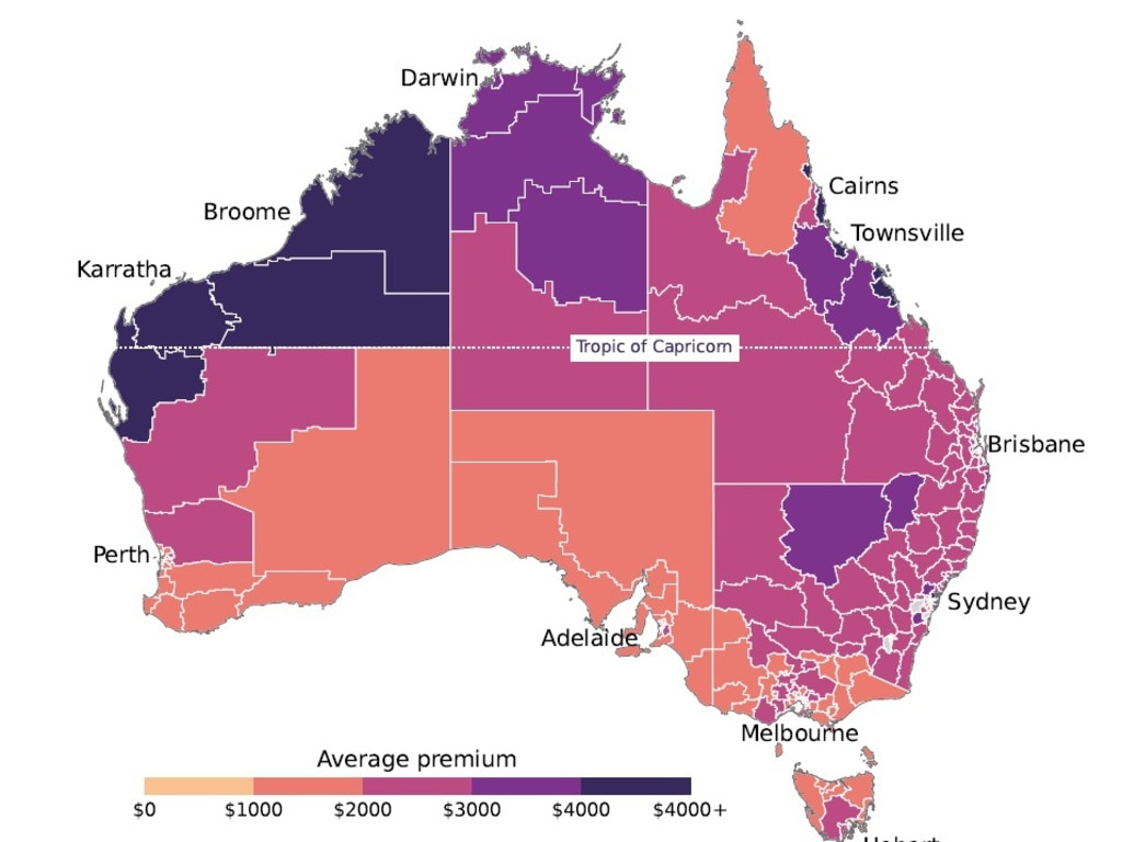 Average premiums for combined home and contents insurance, by Statistical Area Level 3, 2023. Picture: ACCC.