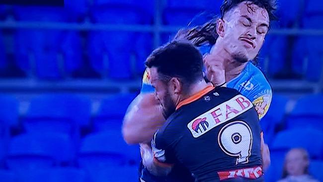 Api Koroisau was left with a broken jaw after trying to tackle Tino Fa’asuamaleaui. Picture: Fox League