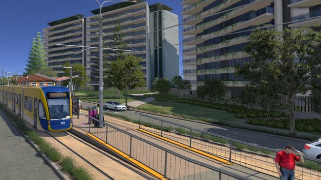 Artist impression of Gold Coast Light Rail Stage 4 between Burleigh Heads and Tugun.