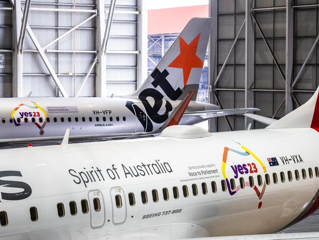 Qantas has unveiled its new livery on three aircraft, in support of the Voice to Parliament referendum. Picture: Qantas