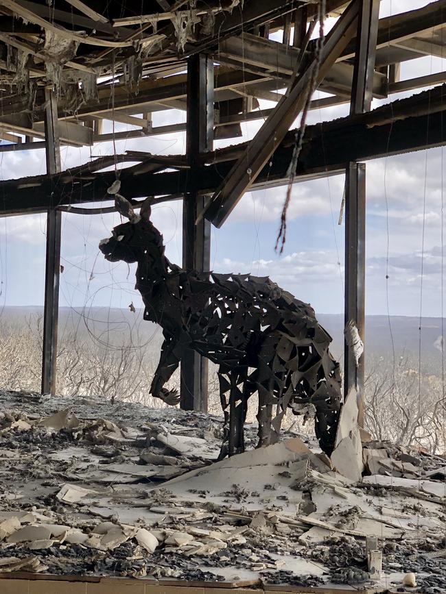 Sunshine the kangaroo sculpture, who was still standing at Southern Ocean Lodge after the fire. Picture: Supplied