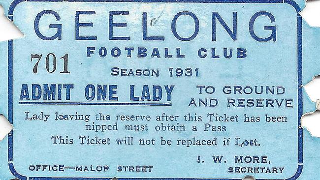 1931 Geelong Football Club Lady’s ticket. Picture: Bob Gartland Collection