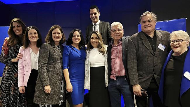 (L-R) Peta Credlin, Claire Chandler, Sarah Henderson, Moira Deeming, Jacinta Nampijinpa Price, Warren Mundine, Anthony Dillon, Bev McArthur. Back Row: Alex Antic. The group was photographed together at a Liberal Party fundraiser held at West Waters Hotel, Caroline Springs, in Melbourne's west, on Saturday.