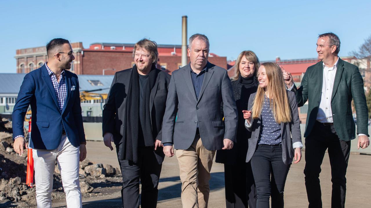 L-R: Simon Behrakis, Cumulus Studio Director Peter Walker, Sports and Events Minister Nic Street, Arts minister Madeleine Ogilvie, CEO of Macquarie Point Development Corporation Anne Beach and Director of Cox Architecture Alastair Richardson at the Stadium plan announcement at Macquarie Point. Picture: Linda Higginson