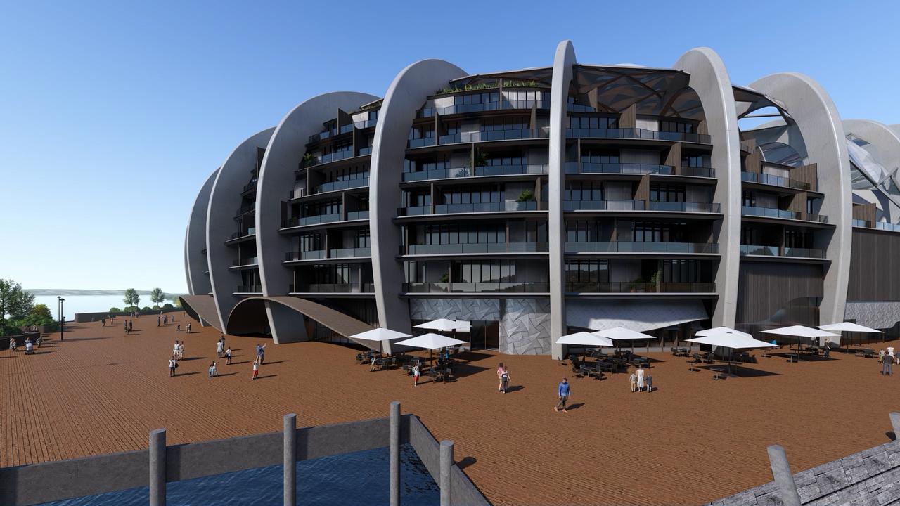 Concept drawings of a Macquarie Point Stadium which includes an outer shell of apartments, proposed by the Stadia Precinct Consortia. Picture: SolutionsWon