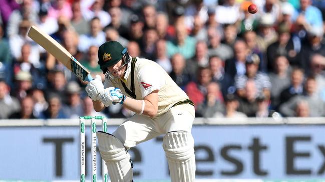 Steve Smith ducks under a bouncer. Picture: AFP