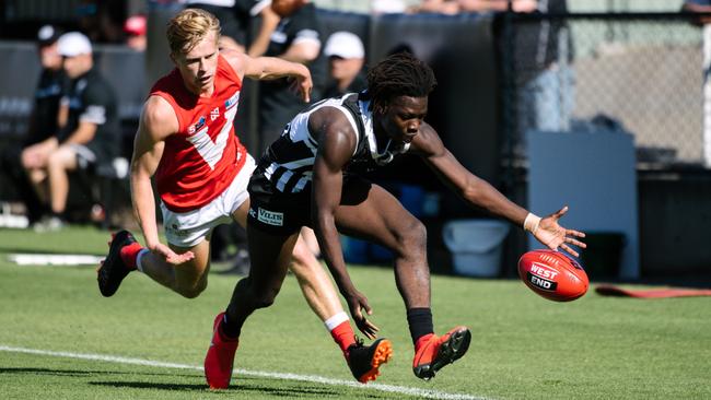 Martin Frederick tries to keep the ball in under pressure from North Adelaide’s Maris Olekalns at Alberton Oval. Picture: AAP Image/ Morgan Sette