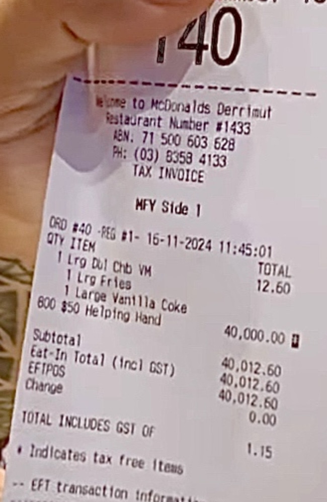 Adrian Portelli bought a $12.60 large double cheeseburger meal with fries and a vanilla coke. Picture: Instagram