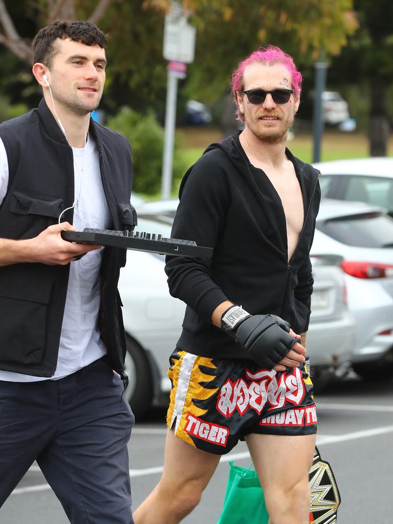 Mark O'Connor and Tom Stewart arriving for the Cats Mad Monday. Picture: Alison Wynd