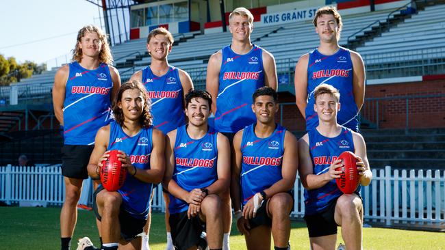 Central District recruits (back) Kade Dittmar, Wilson Barry, Dayne Posthuma and Harvey Howe, (front) Kai Pudney, Jack Callinan, Jake Gasper and Maximus Monaghan at Elizabeth Oval. Picture: Matt Turner.