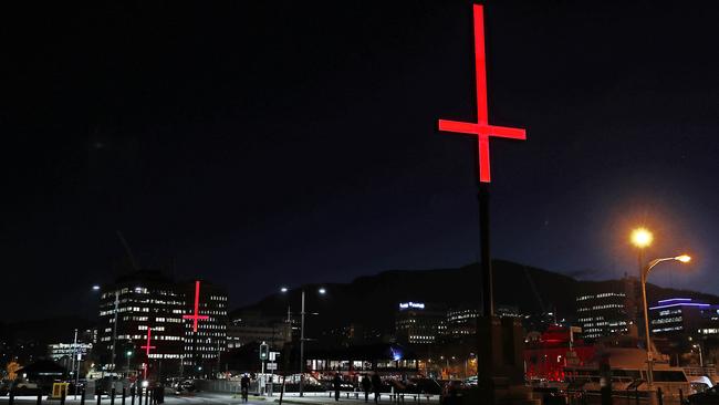 Red crosses mark the way along the Hobart waterfront for Dark Mofo. Picture: SAM ROSEWARNE