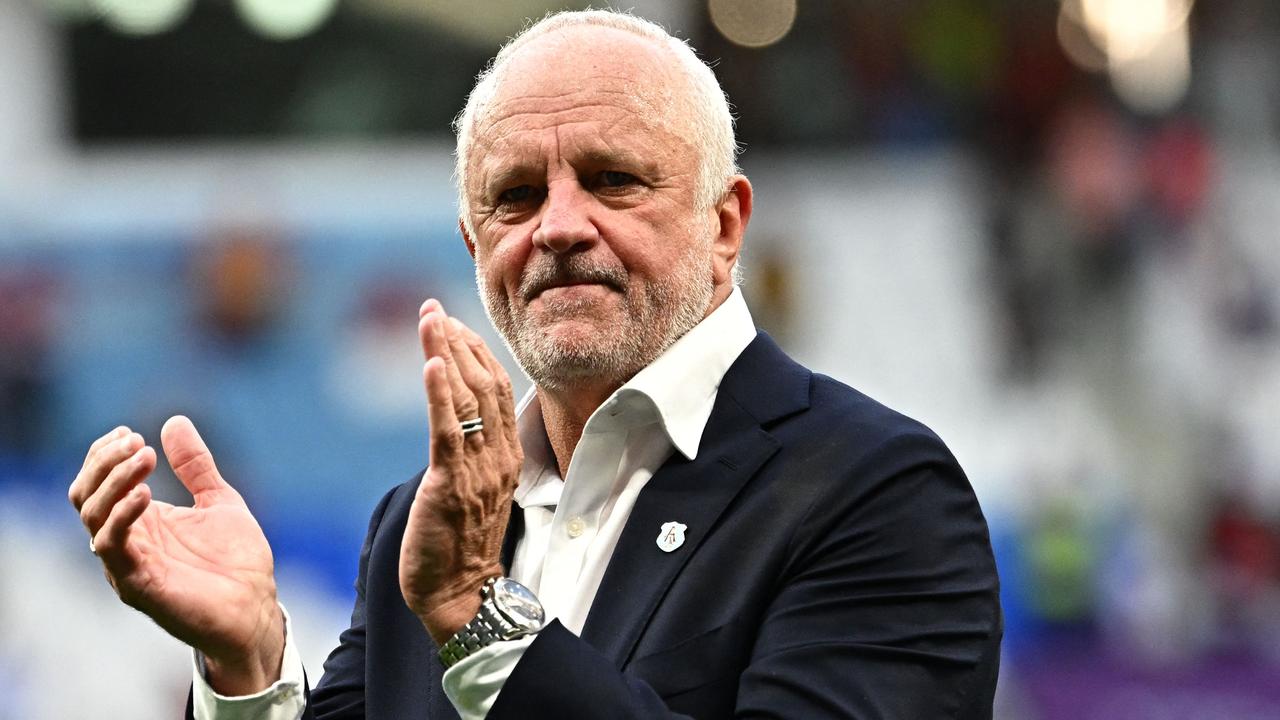 Australia's coach Graham Arnold celebrates after the win. Picture: AFP