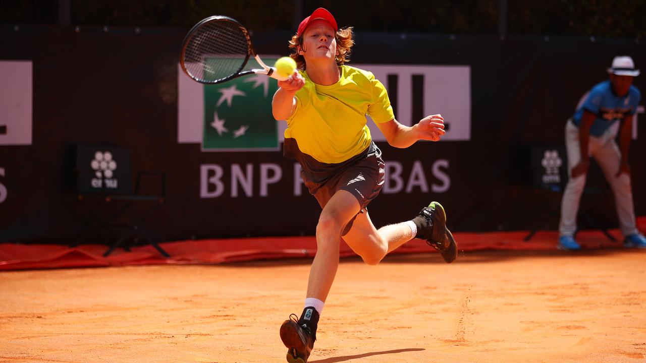 Jannik Sinner of Italy plays a forehand against Stefanos Tsitsipas of Greece in their Men's Singles Round of 32 Match during Day Five of the International BNL d'Italia at Foro Italico on May 16, 2019 in Rome, Italy. (Photo by Clive Brunskill/Getty Images)