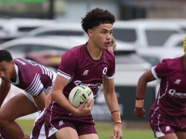 Action between Queensland Maroon and Queensland White U15 boys during the 2024 ASSRL National Championships in Port Macquarie. Picture: Heather Murry/ASSRL