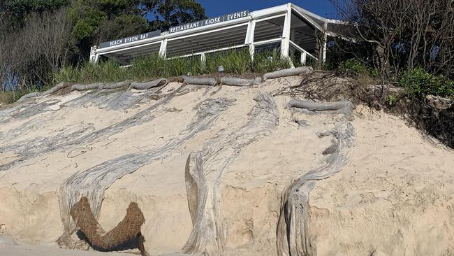 The Beach Byron Bay cafe, above the sandbag seawall at Clarkes Beach. Picture: Liana Boss