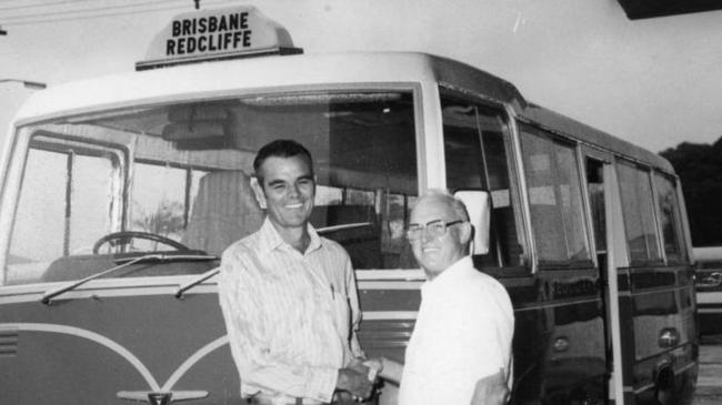 Redcliffe Brisbane Motor Services bus the man on the right is believed to be Rex Elson. Image courtesy of Moreton Bay Regional Council Image ID: MBPS-0005-071