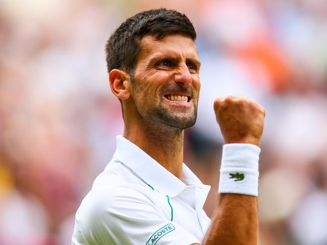 LONDON, ENGLAND - JULY 05: Novak Djokovic of Serbia celebrates his victory over Jannk Sinner of Italy during day nine of The Championships Wimbledon 2022 at All England Lawn Tennis and Croquet Club on July 05, 2022 in London, England. (Photo by Frey/TPN/Getty Images)