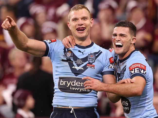 TOWNSVILLE, AUSTRALIA - JUNE 09:  Tom Trbojevic of the Blues and Nathan Cleary of the Blues celebrate after scoring a try during game one of the 2021 State of Origin series between the New South Wales Blues and the Queensland Maroons at Queensland Country Bank Stadium on June 09, 2021 in Townsville, Australia. (Photo by Mark Kolbe/Getty Images)