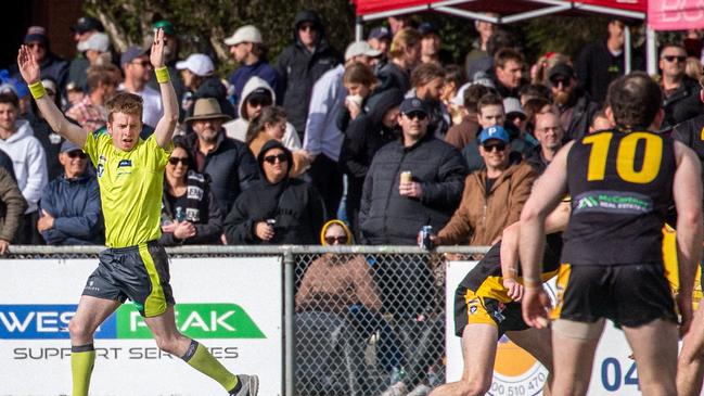 Jack O'Neill stepped up to officiate the BFL grand final after a first quarter injury to Liam Clark. Picture: Geelong Football Umpires League.