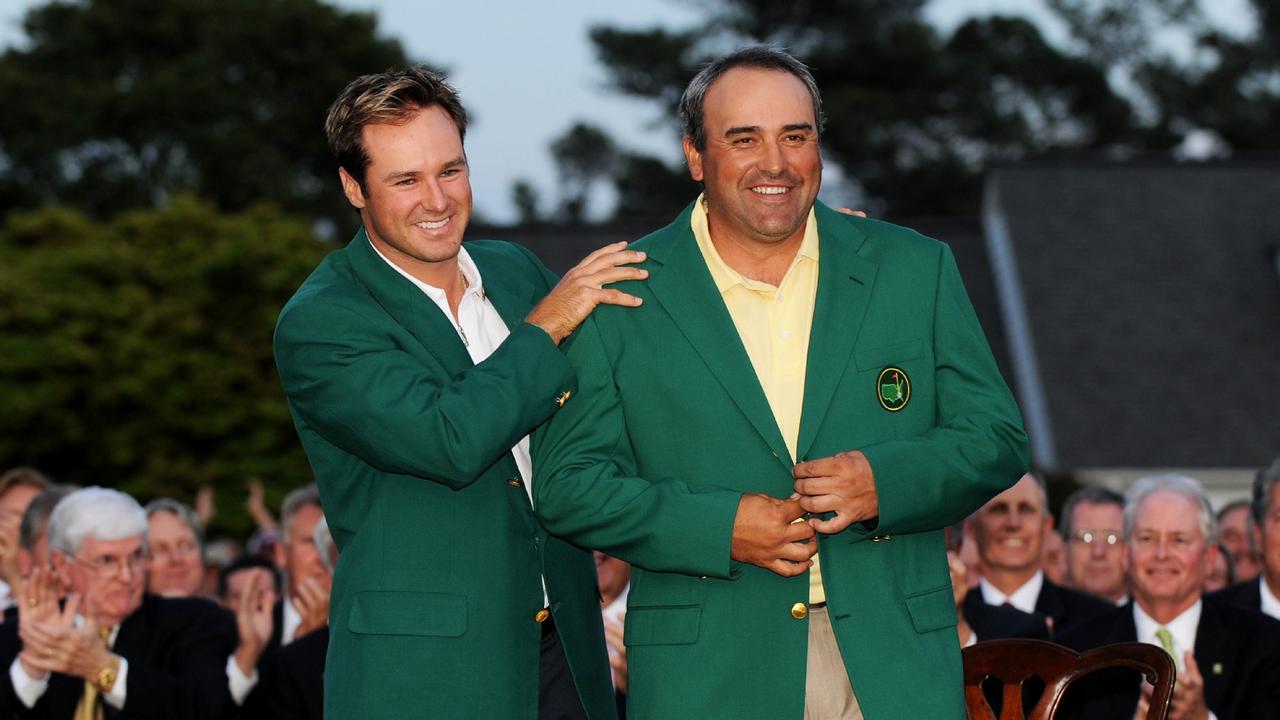 Angel Cabrera getting his Masters green jacket in 2009.