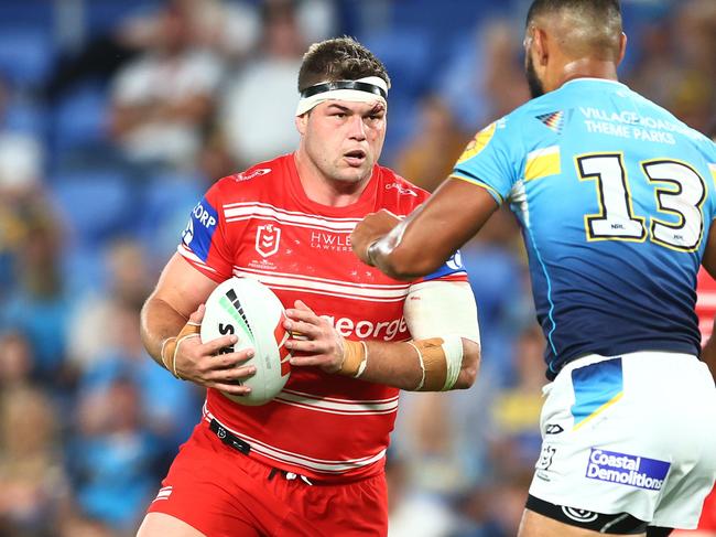 GOLD COAST, AUSTRALIA - APRIL 09: Blake Lawrie of the Dragons runs the ball during the round six NRL match between Gold Coast Titans and St George Illawarra Dragons at Cbus Super Stadium on April 09, 2023 in Gold Coast, Australia. (Photo by Chris Hyde/Getty Images)