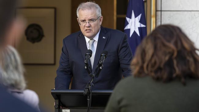 Prime Minister Scott Morrison during a press conference with Chief Medical Officer Brendon Murphy at Parliament House in Canberra. Picture: Gary Ramage