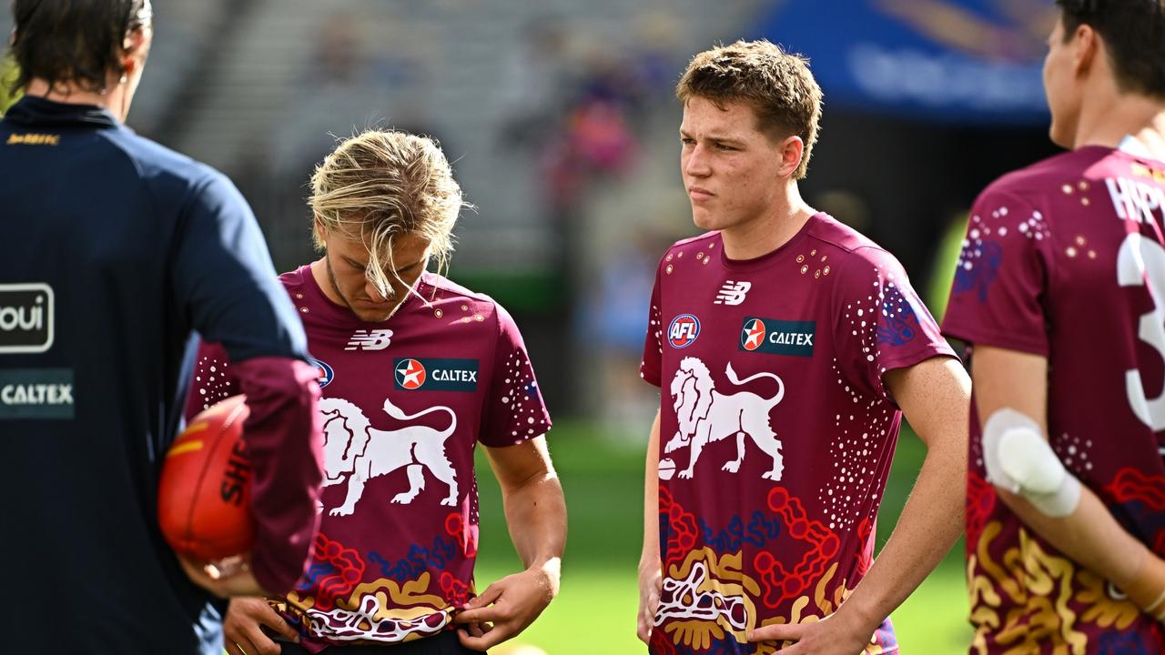 Cameron says Brisbane’s young forward talent including Kai Lohmann (left) and Logan Morris (right) is keeping senior players ‘on our toes’. Picture: Daniel Carson / Getty Images