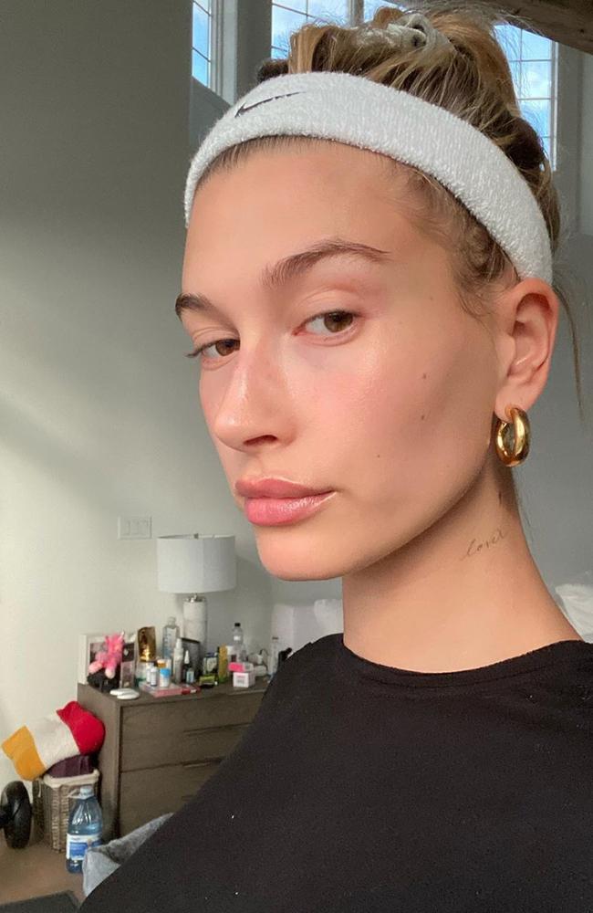 Hailey Bieber put a Nike sweatband to new use during her at-home facial. Picture: Instagram