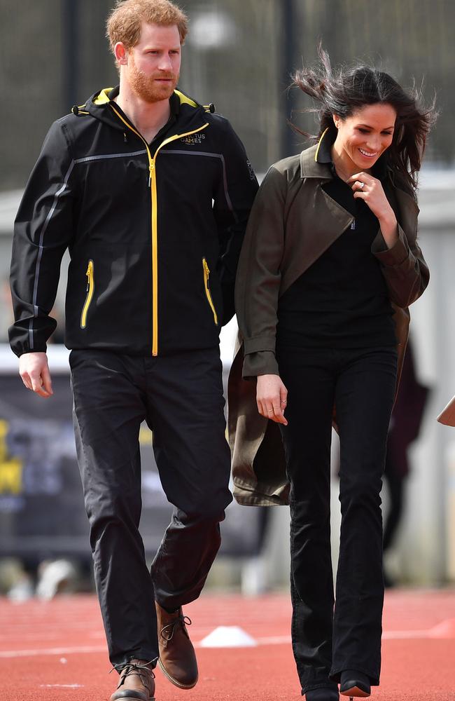 Britain's Prince Harry and Meghan Markle arrive to meet participants at the UK team trials for the Invictus Games Sydney 2018 at the University of Bath Sports Training Village. Picture: AFP