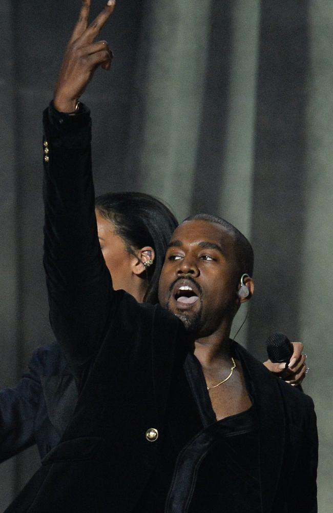 Kanye sends a signal to the Grammy judges. Picture: AFP/Robyn Beck