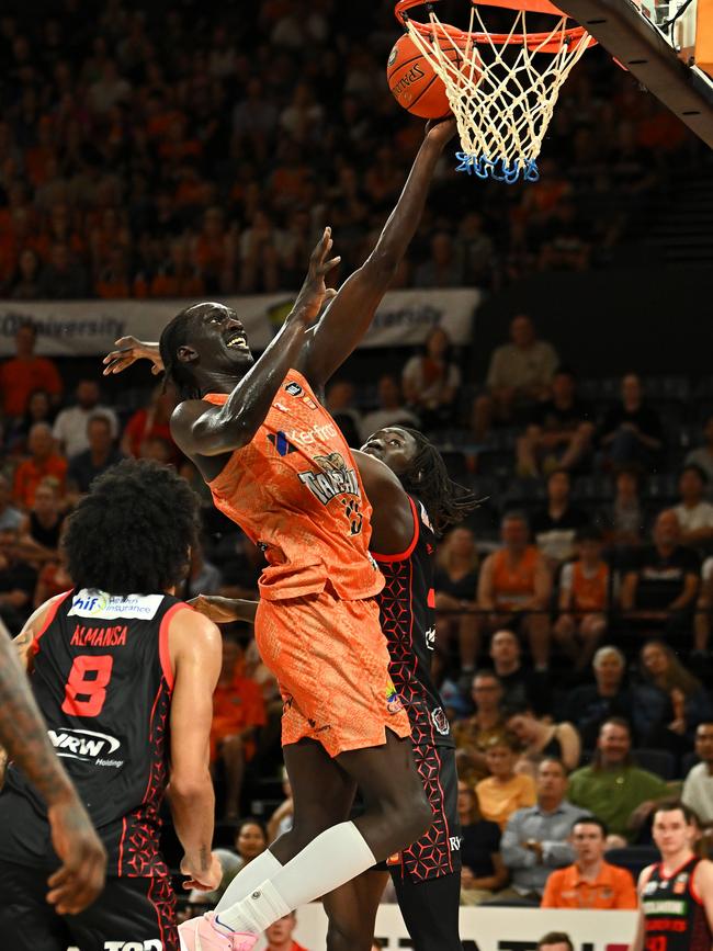 Akoldah Gak of the Taipans goes to the basket during the round four NBL match between Cairns Taipans and Perth Wildcats at Cairns Convention Centre. (Photo by Emily Barker/Getty Images)