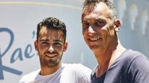 Raes owner Antony Catalano with his son Jordan Catalano outside Raes Hotel in Byron Bay. Picture: Supplied