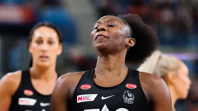 SYDNEY, AUSTRALIA - MAY 21: Jodi-Ann Ward of the Magpies reacts during the round 10 Super Netball match between NSW Swifts and Collingwood Magpies at Ken Rosewall Arena, on May 21, 2023, in Sydney, Australia. (Photo by Jenny Evans/Getty Images)