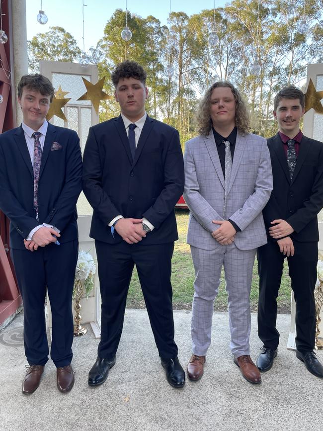 Isiah Jacka, William Martin and Bailey Fitzgerald arrive at the 2024 Gympie State High School graduation formal.