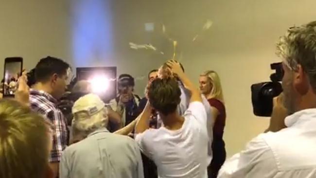 Senator Fraser Anning is egged while giving a press conference at a Melbourne function. Picture: Facebook