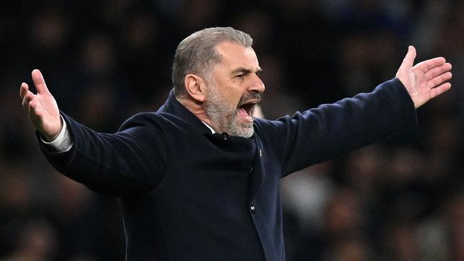 Tottenham Hotspur's Greek-Australian Head Coach Ange Postecoglou reacts during the English Premier League football match between Tottenham Hotspur and Chelsea at Tottenham Hotspur Stadium in London, on November 6, 2023. (Photo by Glyn KIRK / AFP) / RESTRICTED TO EDITORIAL USE. No use with unauthorized audio, video, data, fixture lists, club/league logos or 'live' services. Online in-match use limited to 120 images. An additional 40 images may be used in extra time. No video emulation. Social media in-match use limited to 120 images. An additional 40 images may be used in extra time. No use in betting publications, games or single club/league/player publications. /